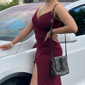 Windsor Burgundy Spaghetti-Strap Prom Dress with Side Slit